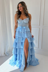 Romantic Blush Pink A-Line Prom Gown with Lace Corset, Tiered Ruffles and Slit