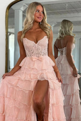 Romantic Blush Pink A-Line Prom Gown with Lace Corset, Tiered Ruffles and Slit