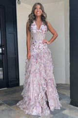 Romantic Blush Pink Halter Neck Prom Gown with Corset Bodice and Ruffle Detail