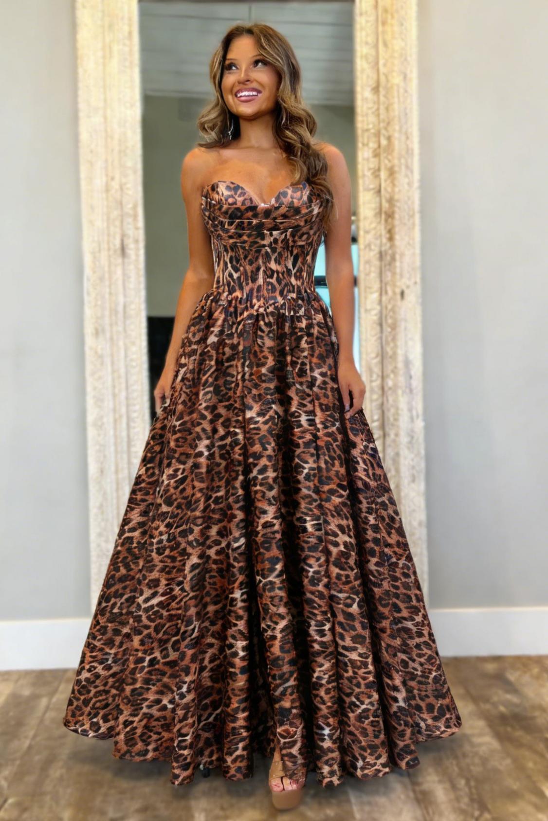 Bold Leopard Print Sweetheart Corset Prom Dress with Flowing A-Line Skirt