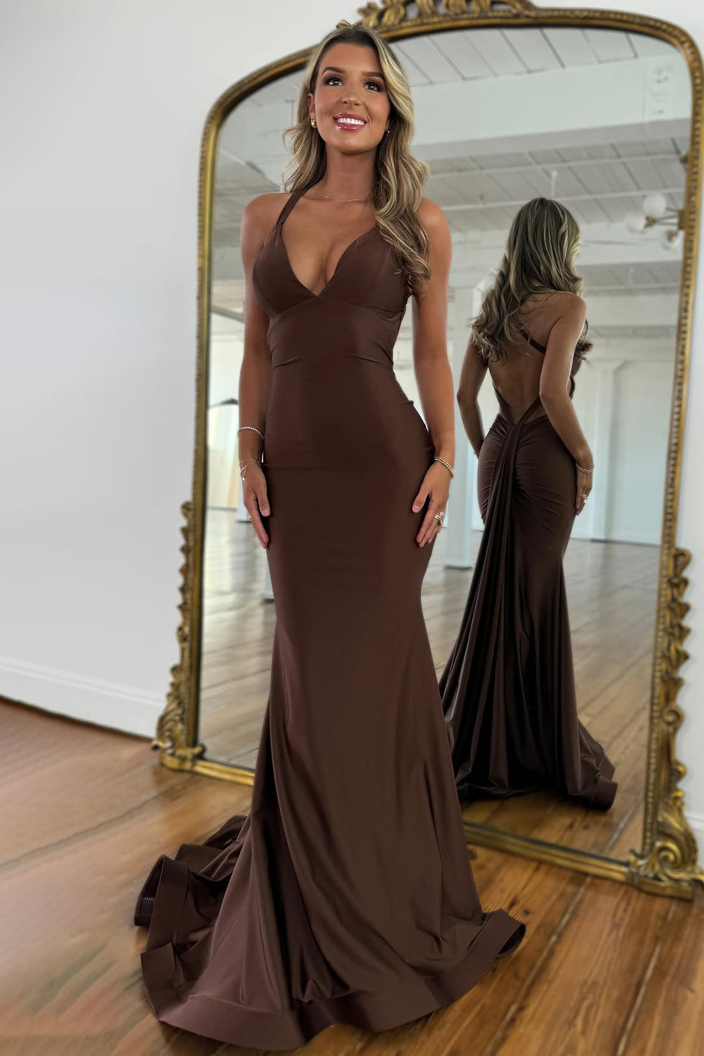 Romantic Brown Mermaid Prom Dress with Deep V-Neck and Cross Back