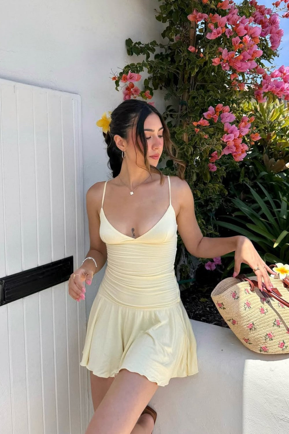 Chic Butter Yellow Ruched Hoco Dress with Deep V-Neck and Spaghetti Straps