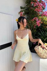 Chic Butter Yellow Ruched Hoco Dress with Deep V-Neck and Spaghetti Straps