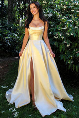 Light Yellow Satin Strapless Prom Gown with Beaded Sweetheart Bodice & Slit Skirt