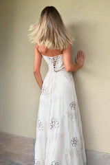 Stunning White A-Line Spaghetti Strap Prom Gown with Beaded Detail