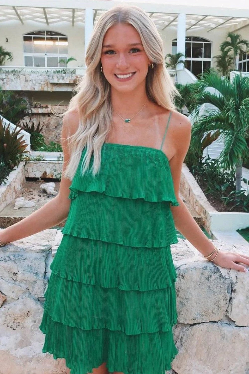 Trendy Green Spaghetti Strap A-Line Homecoming Dress with Ruffle Design