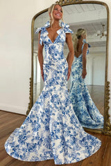 Romantic Blue Floral Print Mermaid Prom Dress with Bow-Strap Detail