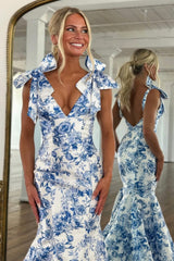 Romantic Blue Floral Print Mermaid Prom Dress with Bow-Strap Detail