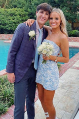 Stylish Light Blue Sheath Party Dress with Strapless Neckline and Short Hem