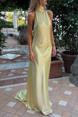 Stylish Mermaid Halter Neck Party Dress in Yellow with Sweep Train