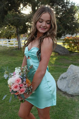 Cute Mint Green Satin Bodycon Dress with Front Twist Detail for Homecoming