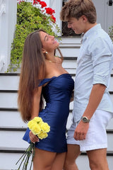 Trendy Off-the-Shoulder Coral Pink Bodycon Short Homecoming Dress in Satin