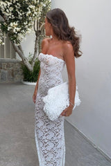 Romantic White Lace Strapless Sheath Party Dress, Tea-Length Style