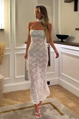 Romantic White Lace Strapless Sheath Party Dress, Tea-Length Style