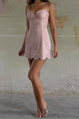 Romantic Lace Applique Homecoming Dress with Spaghetti Straps and Mini Skirt