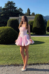 Cute Strapless Corset Homecoming Dress with Satin Bubble Hem Skirt