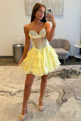 Dreamy Yellow Corset Bodice Homecoming Dress with Sparkly Ruffle Tulle Skirt