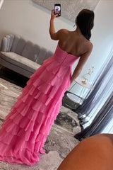 Romantic Pink Sweetheart A-Line Prom Dress with Layered Ruffles and Bow Detail