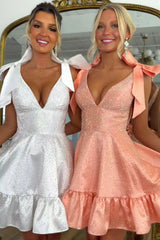 Dreamy Beaded A Line Homecoming Dress with V Neck and Charming Bow Accents