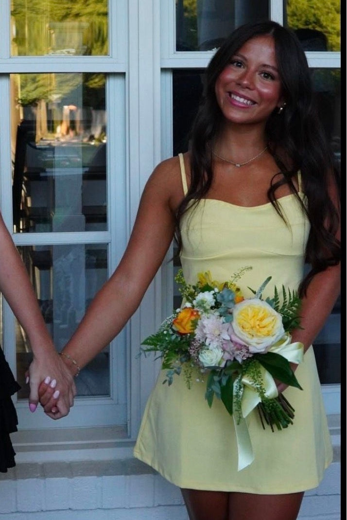 Romantic Yellow Mini Dress with Spaghetti Straps and Feminine A Line Shape