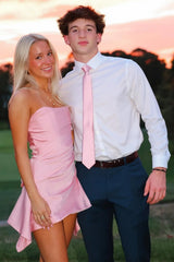 Short Pink Satin A-Line Homecoming Dress with Strapless Bodice