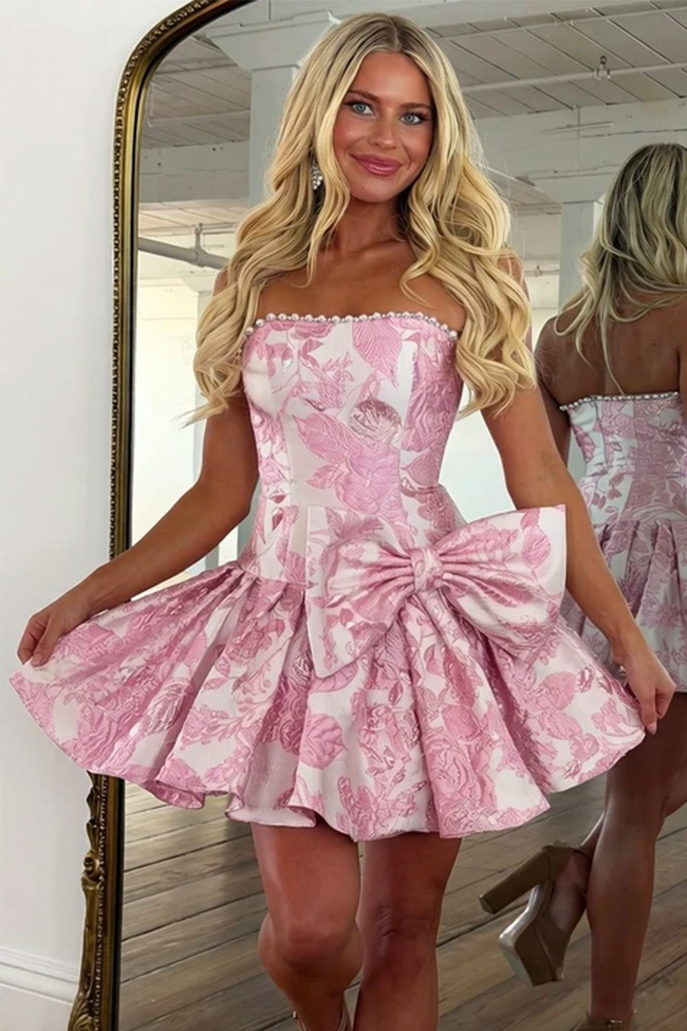Pretty Pink Floral Mini Dress with Strapless Jacquard Fabric and Statement Bow