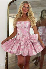 Pretty Pink Floral Mini Dress with Strapless Jacquard Fabric and Statement Bow