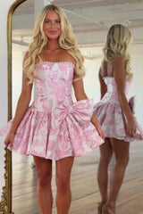 Pretty Pink Floral Mini Dress with Strapless Jacquard Fabric and Statement Bow