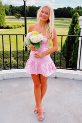 Chic Pink Mini Homecoming Dress with Sheath Silhouette and Romantic Ruffles