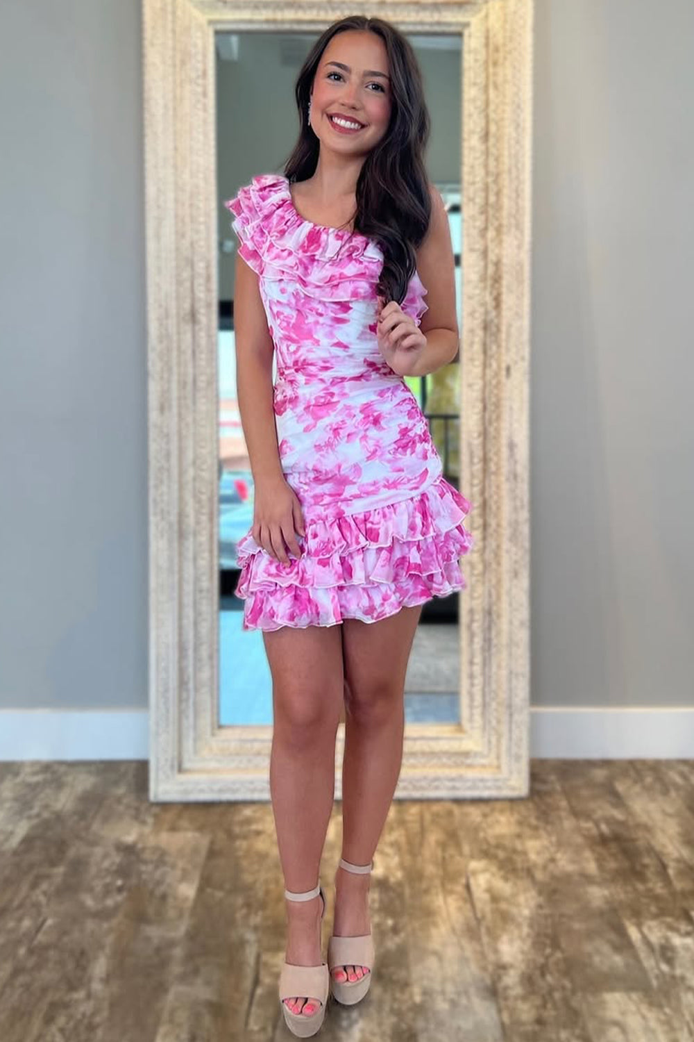 Sweet One Shoulder Mini Homecoming Dress with Floral Print and Ruffle Trim