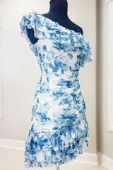 Sweet One Shoulder Mini Homecoming Dress with Floral Print and Ruffle Trim