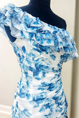 Sweet One Shoulder Mini Homecoming Dress with Floral Print and Ruffle Trim
