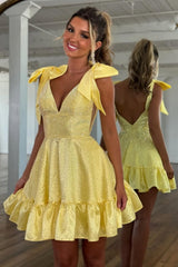 Dreamy Beaded A Line Homecoming Dress with V Neck and Charming Bow Accents
