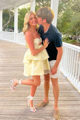 Dreamy Yellow Mini Homecoming Dress with Keyhole Back and Flowy A Line Skirt
