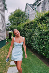 Light Blue Satin Spaghetti Strap Sheath Homecoming Dress with Side Slit