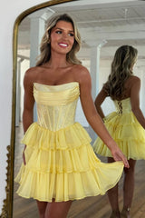 Dreamy Yellow Homecoming Dress with Crystal Beaded Top and Soft Chiffon Layers