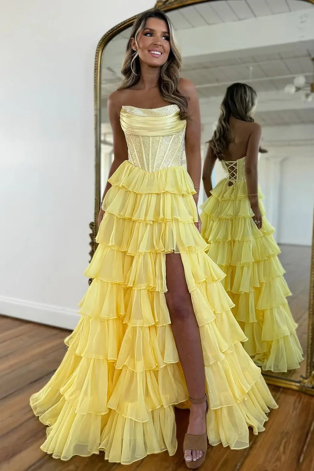 Yellow Strapless Corset Prom Dress with A-Line Ruffle Skirt and High Slit