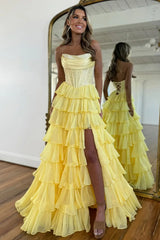 Yellow Strapless Corset Prom Dress with A-Line Ruffle Skirt and High Slit