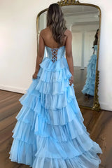 Yellow Strapless Corset Prom Dress with A-Line Ruffle Skirt and High Slit