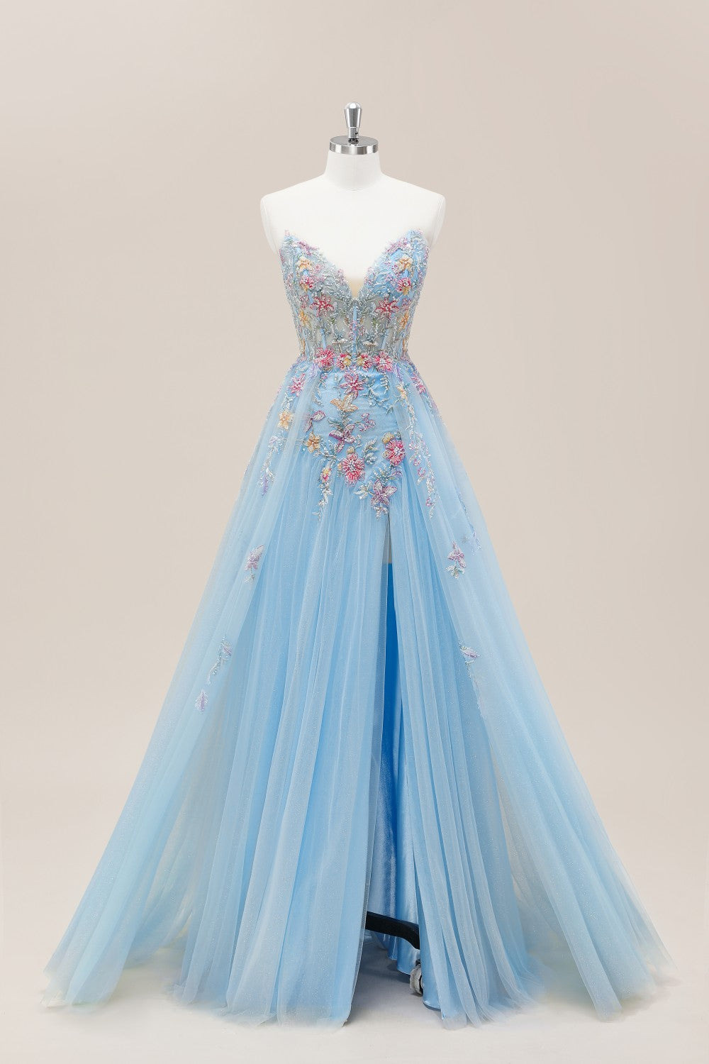 Dreamy Light Blue V-Neck Floral Corset Formal Gown with Tulle Train