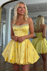 Stunning Short Satin Homecoming Dress with Beaded Corset Top and Flowy Skirt