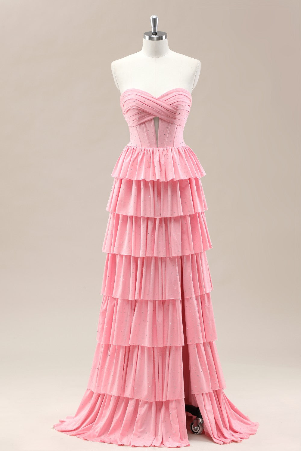 Dreamy Pink Sweetheart Layered Ruffle Prom Gown with Sparkle Details