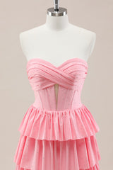 Dreamy Pink Sweetheart Layered Ruffle Prom Gown with Sparkle Details
