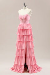 Dreamy Pink Sweetheart Layered Ruffle Prom Gown with Sparkle Details