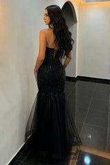 Black Mermaid Prom Dress with Sequin Finish and Sheer Corset Top