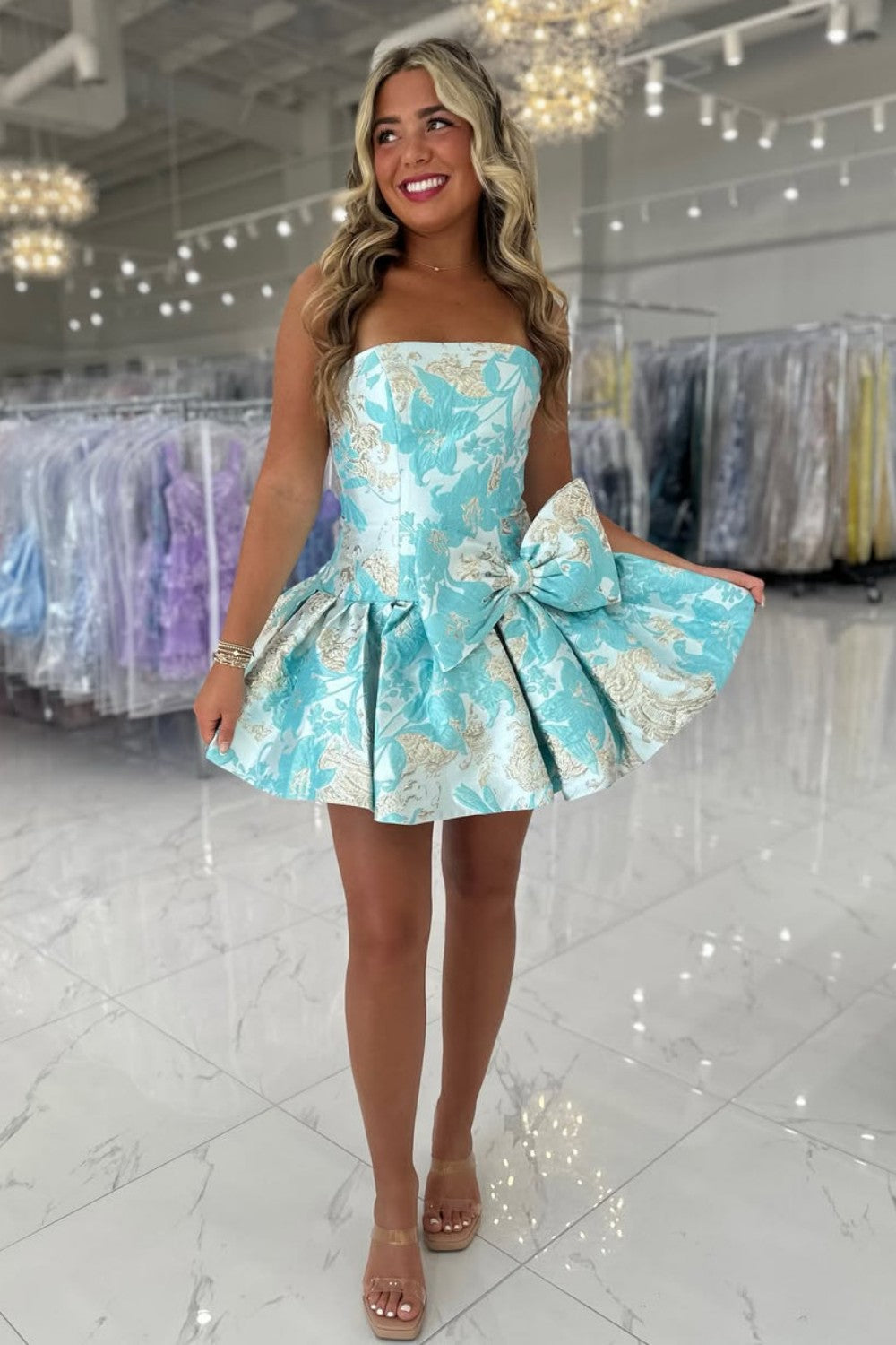 Pretty Aqua Jacquard Homecoming Dress with Strapless Design and Side Bow Detail
