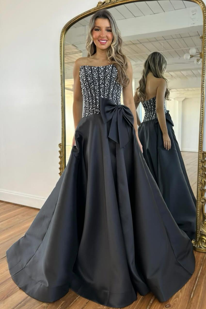 Luxury Black Satin A-Line Prom Dress with Strapless Beaded Corset and Bow