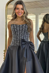 Luxury Black Satin A-Line Prom Dress with Strapless Beaded Corset and Bow