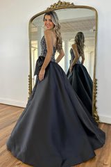 Luxury Black Satin A-Line Prom Dress with Strapless Beaded Corset and Bow