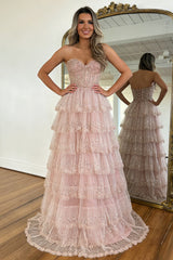Blush Pink Sweetheart Lace-Up Prom Dress with Sparkling Tiered Tulle Skirt